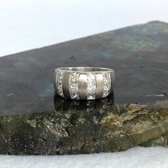 Brushed Sterling Silver 925 Channel Set Cubic Zirconia 4 Row Wide Band Ring Sz 7 - Picture 2 of 16
